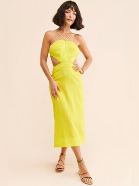 Farm Rio Monstera Midi Dress Cutout Strap Midi Dress in Bright Yellow